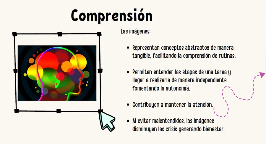 Comprensión: las imágenes representan conceptos abstractos de manera tangible, facilitan entender las rutinas y las etapas de una tarea para hacerla de forma independiente, ayudan a mantener la atención y, al evitar malentendidos, disminuyen las crisis.